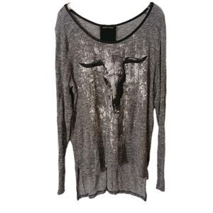 Rock & Republic Top Sz L Gray Sparkle Knit Bull Skull Punk Western Cowgirl Goth